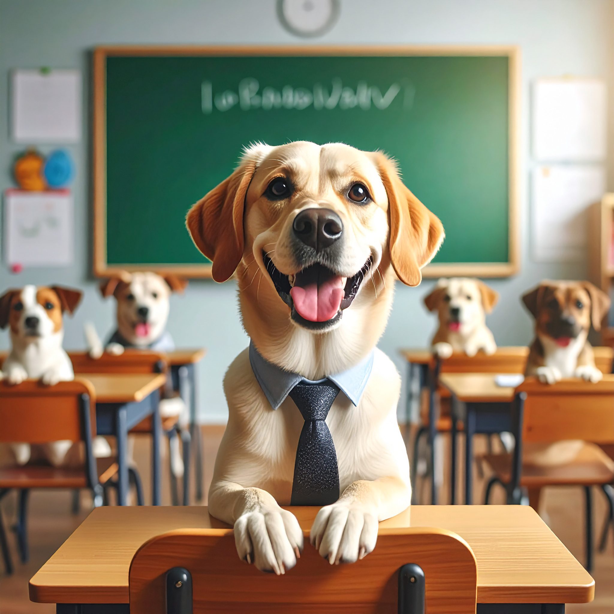 Firefly Een vrolijke hond als leerkracht in een klaslokaal bij het het bord vooraan in de klas, kijk Firefly Een vrolijke hond als leerkracht in een klaslokaal bij het het bord vooraan in de klas, kijk