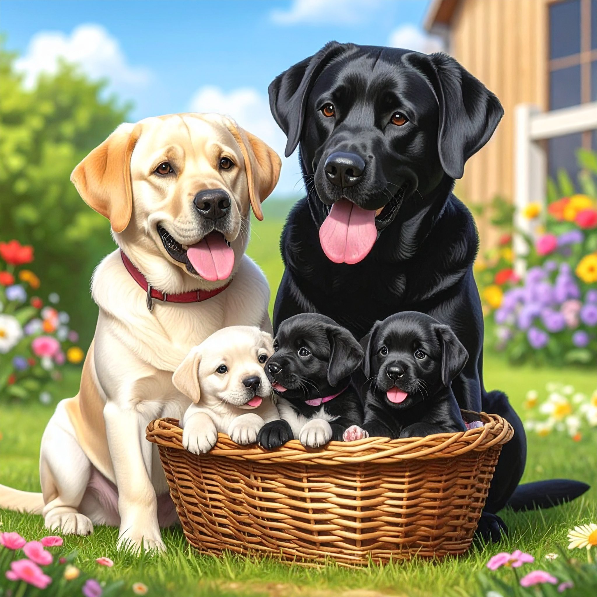 Firefly vrolijke zwarte Labrador vader en gele labrador moeder hond die kijken naar een mand vol met Firefly vrolijke zwarte Labrador vader en gele labrador moeder hond die kijken naar een mand vol met